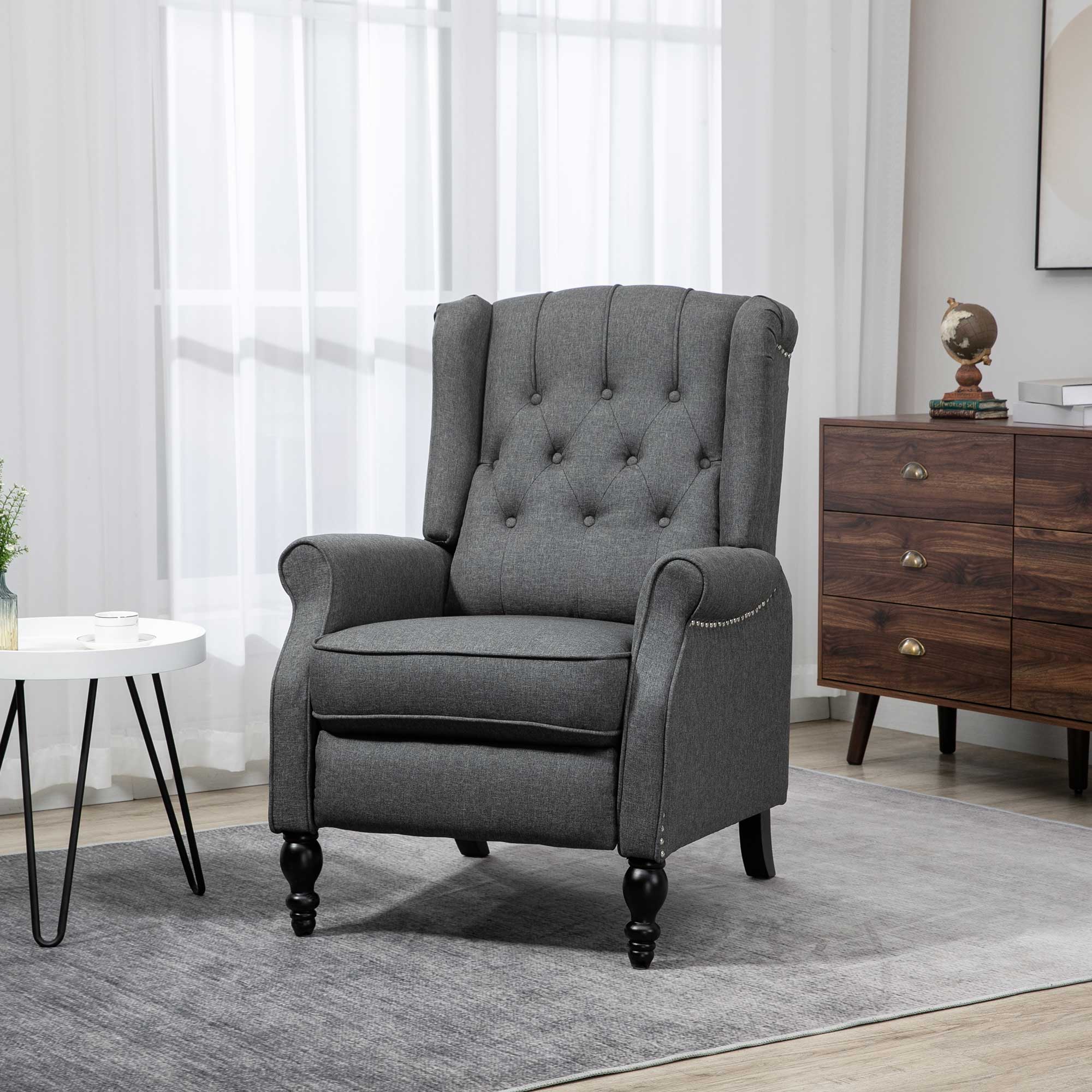 HOMCOM Manual Reclining Sofa, Fabric Push Back Recliner Chair with Button Tufted Backrest, Nail Head Trim, Armrest, Dark Gray 