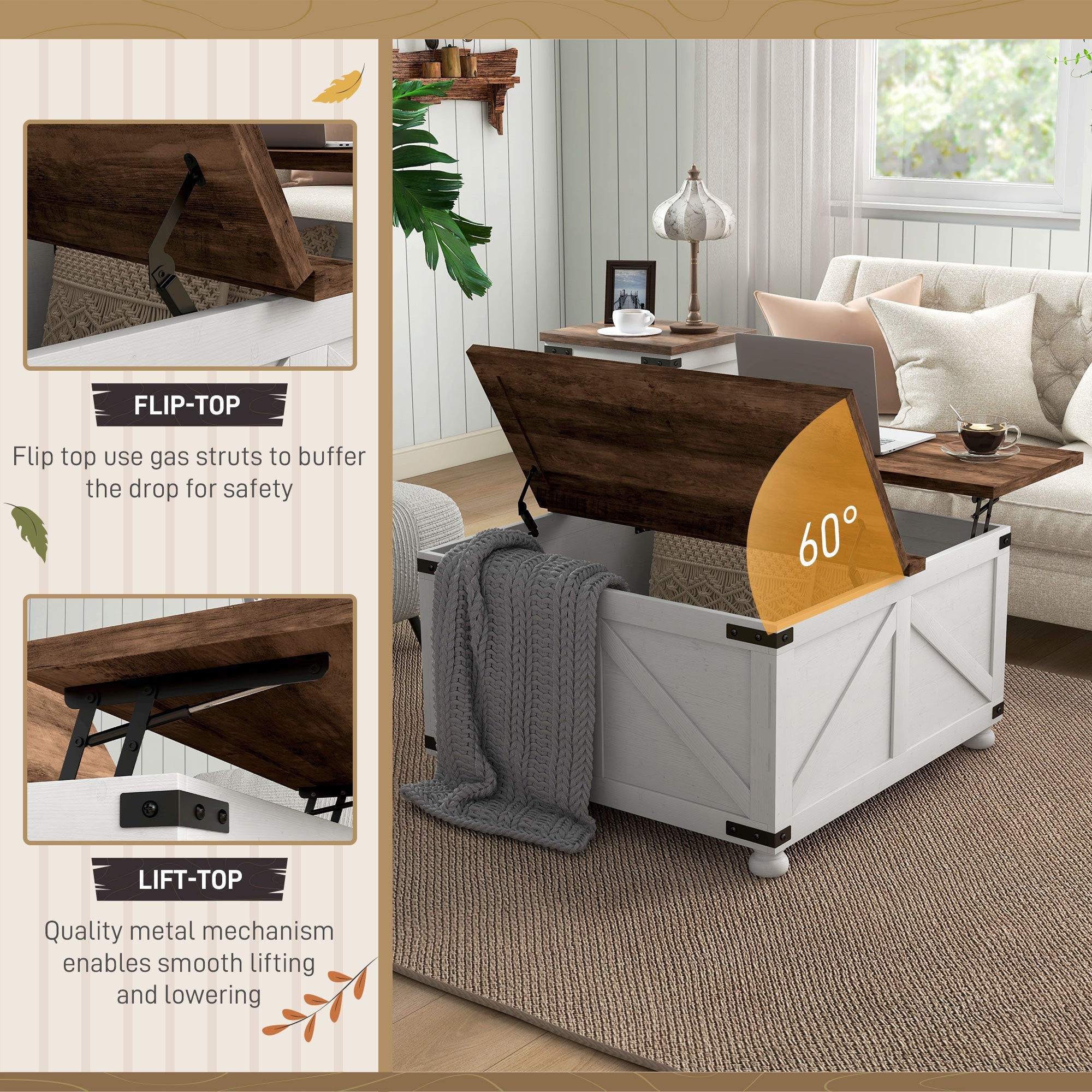 HOMCOM Coffee Table 32" Lift Top Flip-top Lids Farmhouse Hidden Compartments Living Room 
