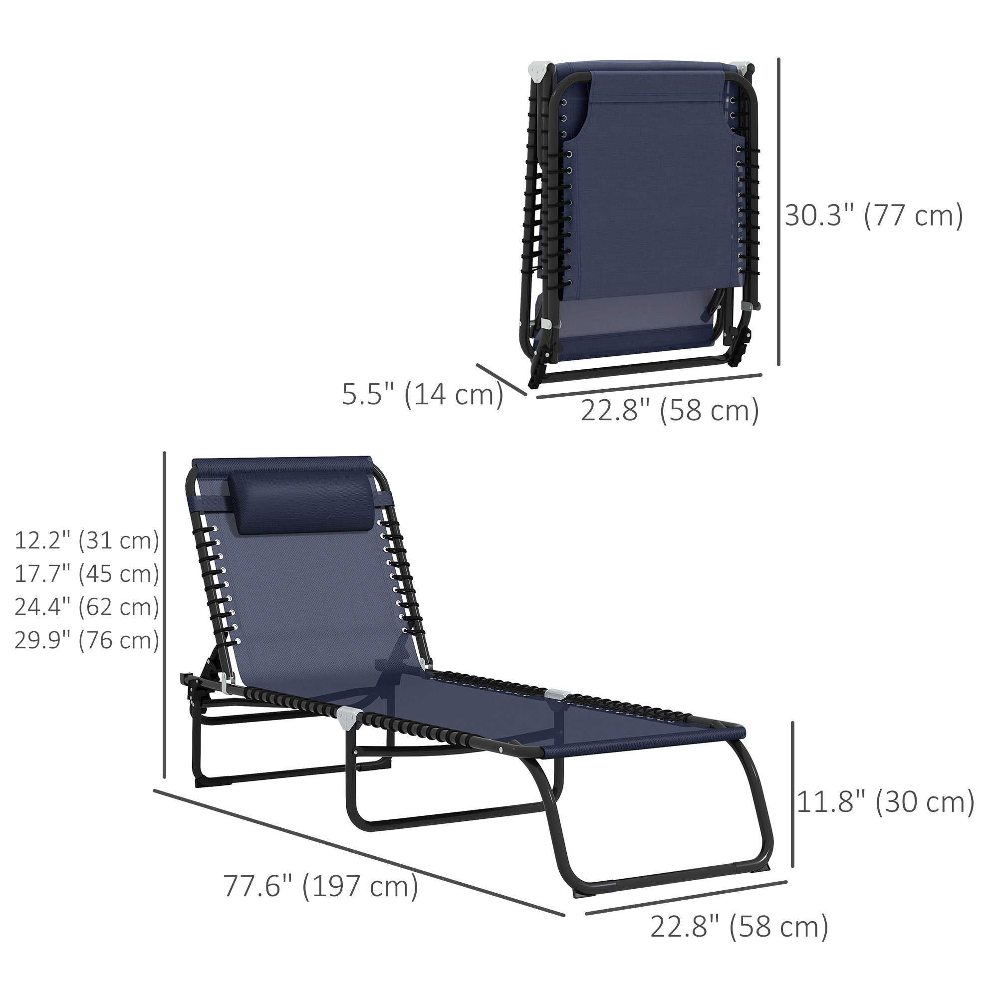 Outsunny 2 PCs Folding Lounge Chair, Adjustable Chaise Lounge with Headrest, Reclining Lounger Cot for Camping, Hiking, Dark Blue 