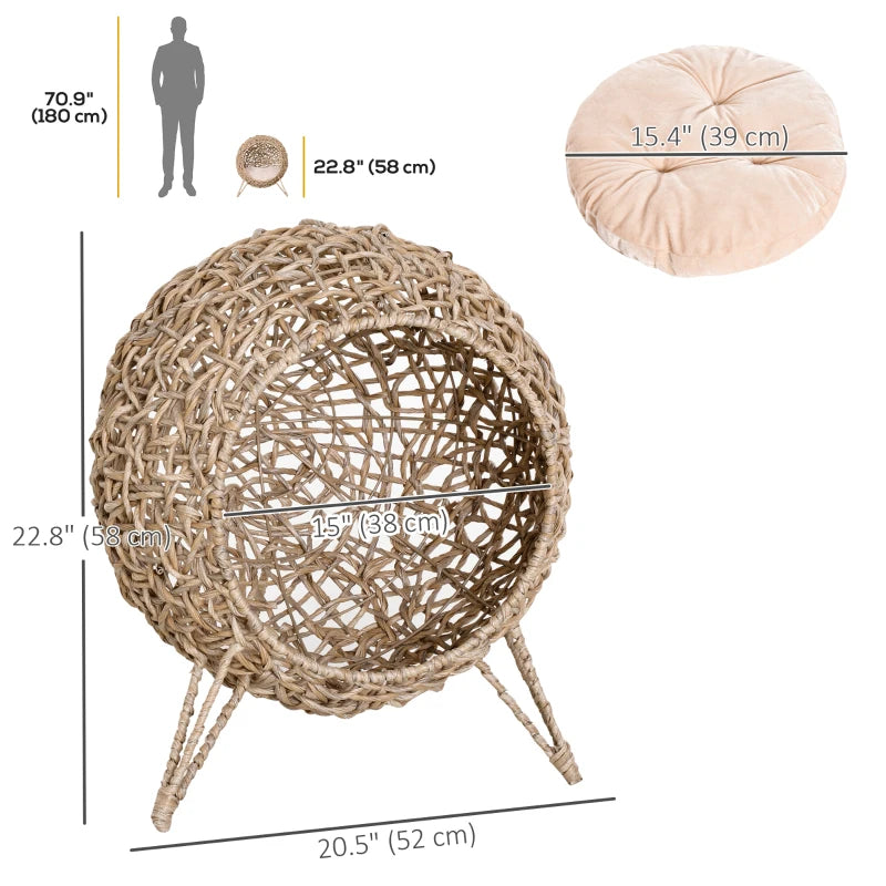 Rattan Cat House with Cushion, Elevated Wicker Kitten Bed for Indoor Cats, Natural Wood