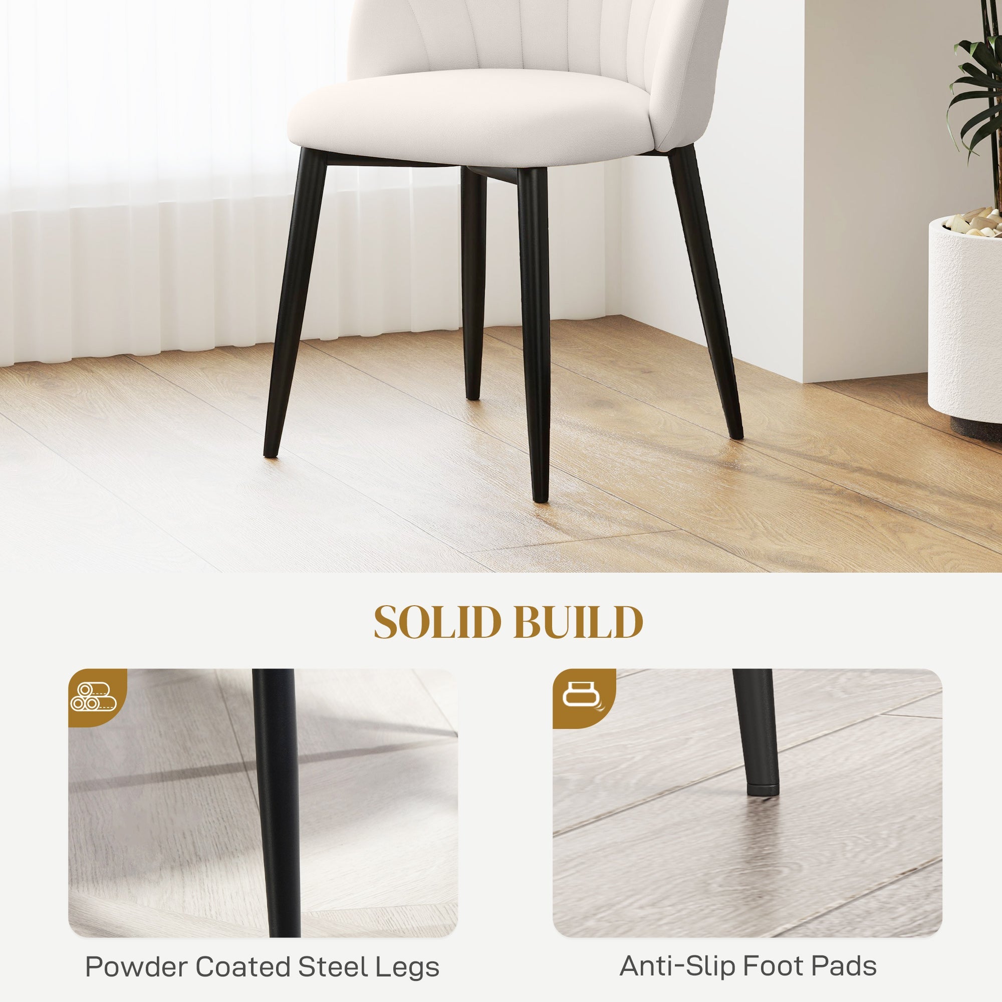 HOMCOM Modern Dining Chairs Set of 4, Upholstered Dining Room Chairs with Metal Legs, Shell Backrest, Padded Seat, Cream White 