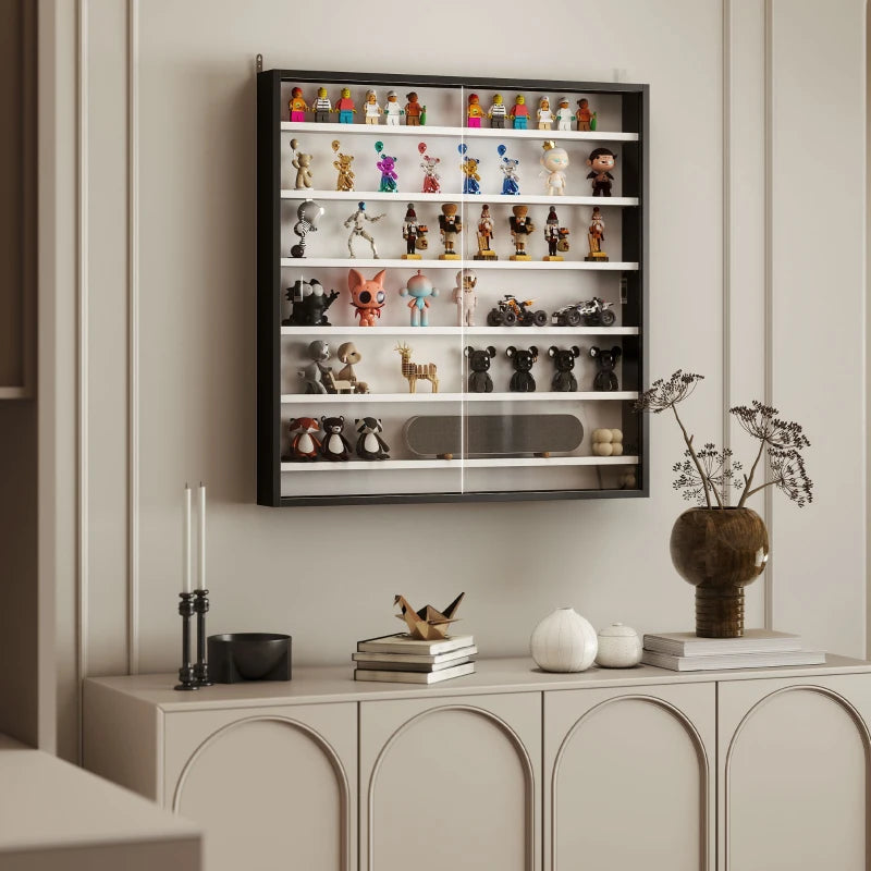 7-Tier Display Cabinet, Shot Glass Display Case, Glass Curio Cabinet with Glass Doors, Black and White