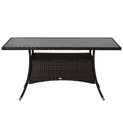 Outsunny Patio Rattan Dining Table with Glass Top Storage Shelf Yard Furniture 59"x34"x29" Brown 
