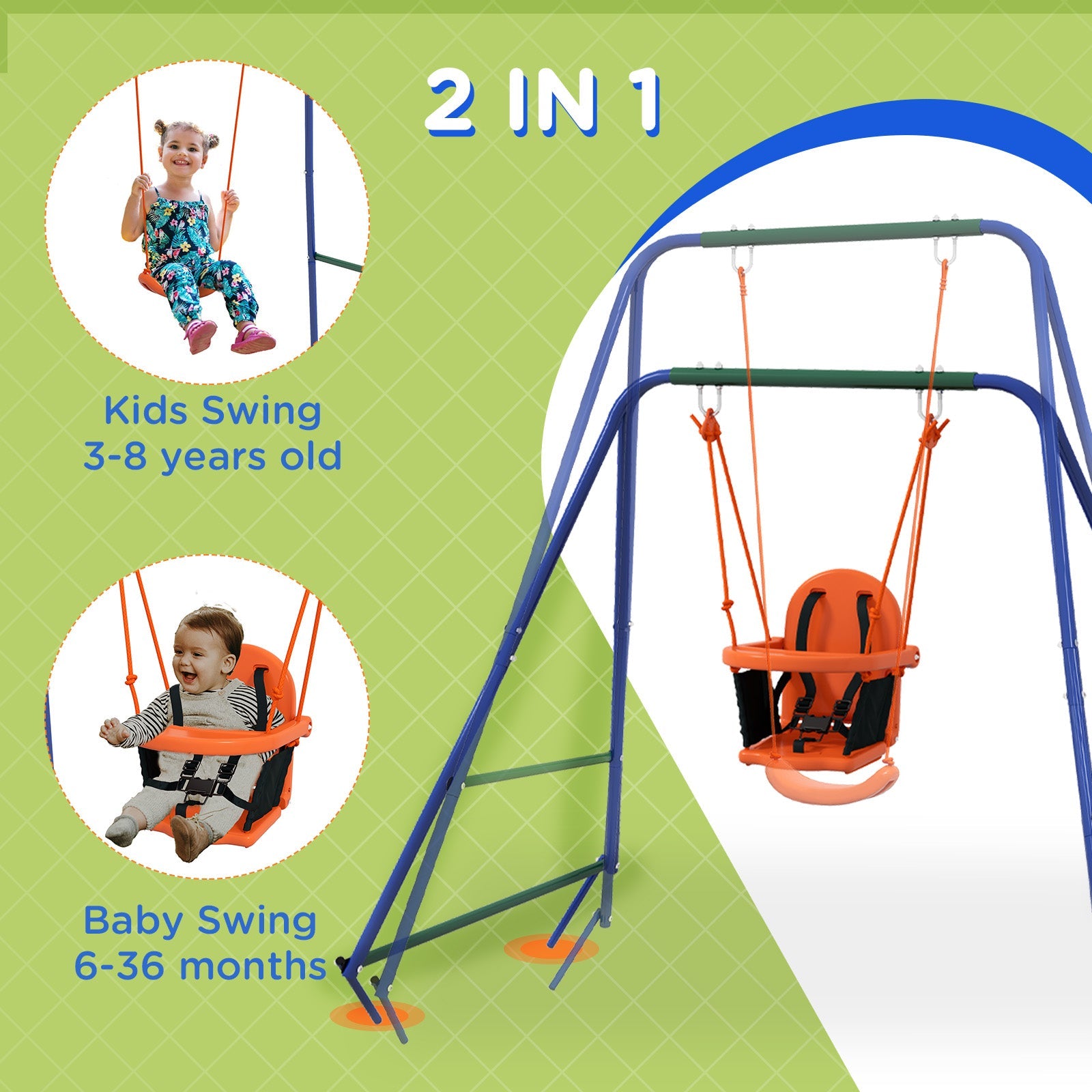 Outsunny Heavy Duty Kid Swing Set with Safety Harness, Suitable for Babies 6 Months+, Indoor/Outdoor Use, Vibrant Orange 
