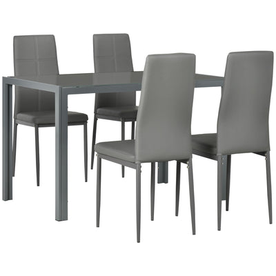 HOMCOM Dining Table Set for 4 5-Piece Rectangular Glass Kitchen Table With Chairs Metal Frame Faux Leather Grey 