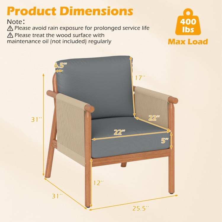 Patio Acacia Wood Chair with Woven Rope Armrests and Seat Back Cushions for Backyard-Gray