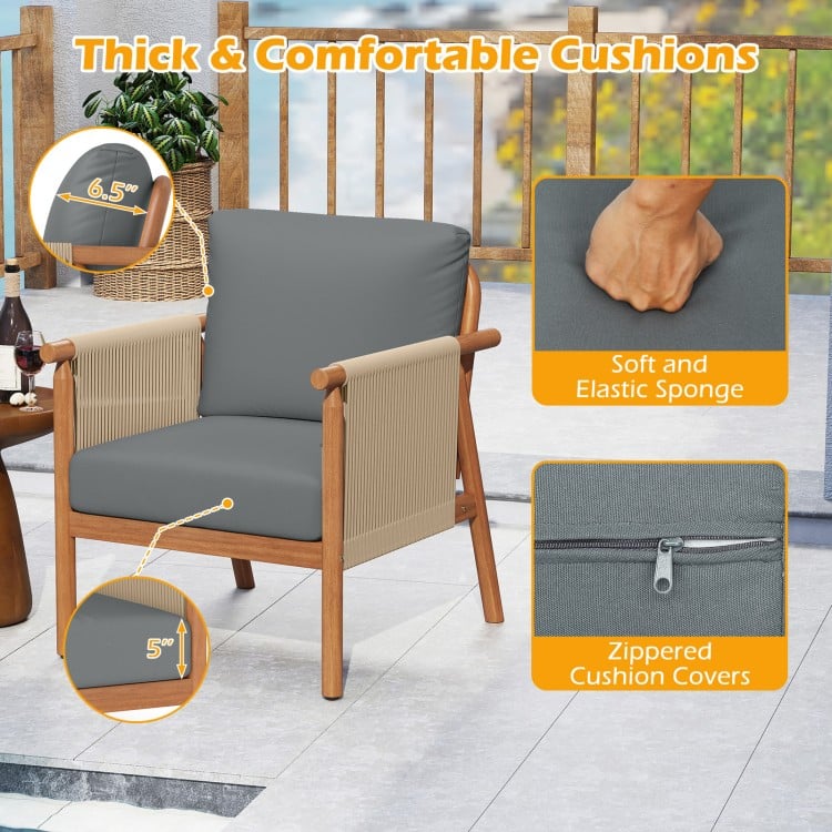 Patio Acacia Wood Chair with Woven Rope Armrests and Seat Back Cushions for Backyard-Gray