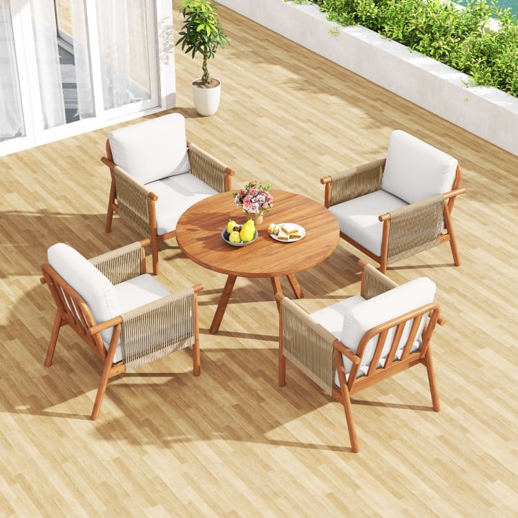 Patio Acacia Wood Chair with Woven Rope Armrests and Seat Back Cushions for Backyard-White