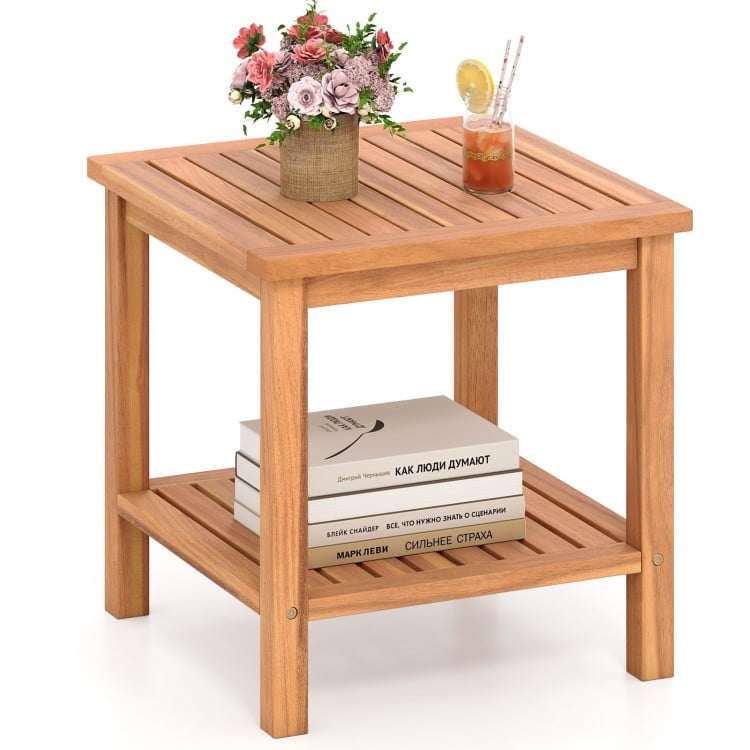 Patio Acacia Wood Side Table Set of 2 with Slatted Tabletop and Storage Shelf