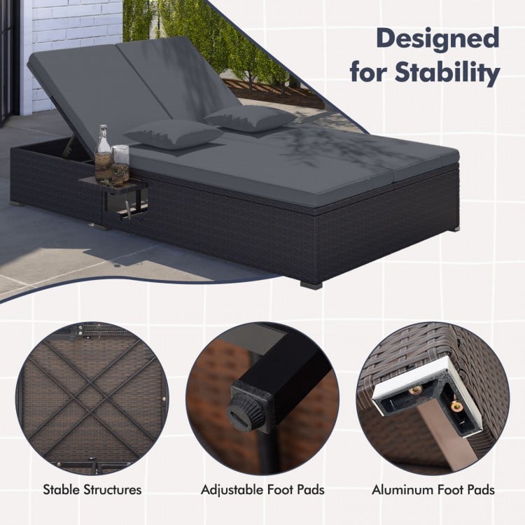 Patio Double Chaise Lounge with Cushions and Folding Side Trays-Gray