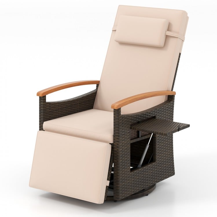 Patio Rattan 360° Swivel Recliner Chair with Adjustable Backrest and Footrest-Beige