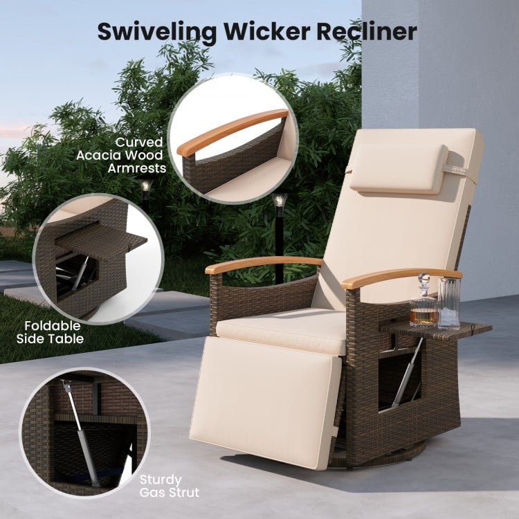 Patio Rattan 360° Swivel Recliner Chair with Adjustable Backrest and Footrest-Beige