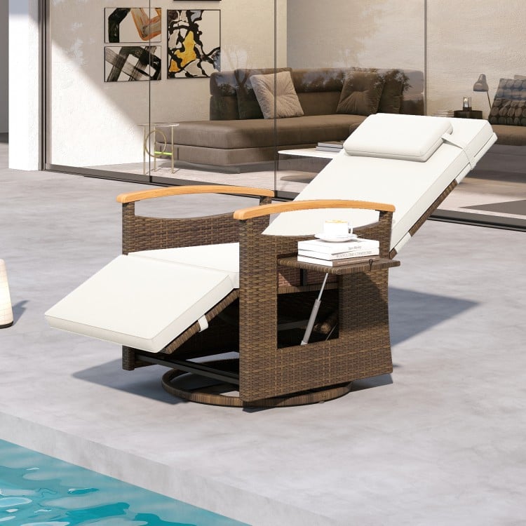 Patio Rattan 360° Swivel Recliner Chair with Adjustable Backrest and Footrest-White