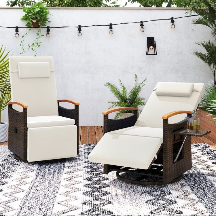 Patio Rattan 360° Swivel Recliner Chair with Adjustable Backrest and Footrest-White