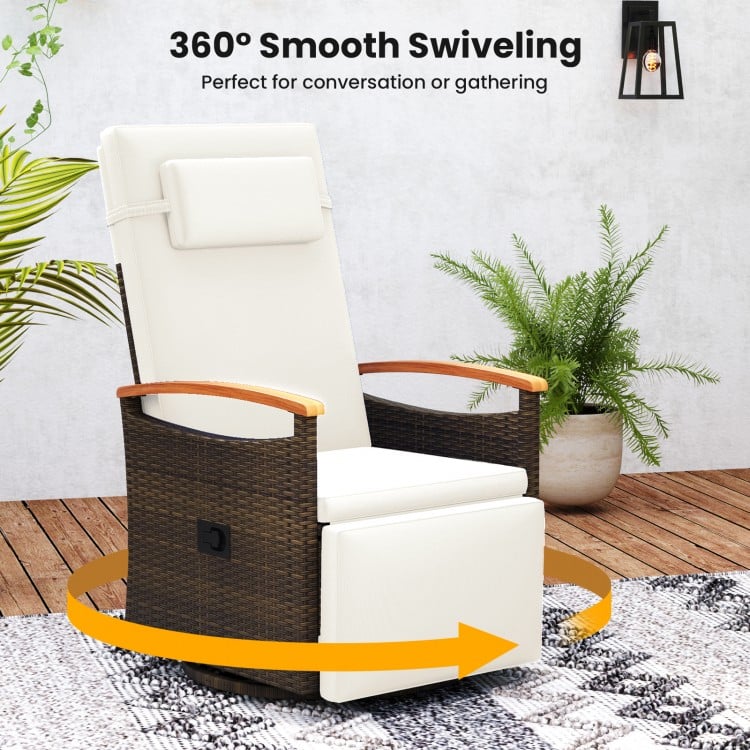 Patio Rattan 360° Swivel Recliner Chair with Adjustable Backrest and Footrest-White