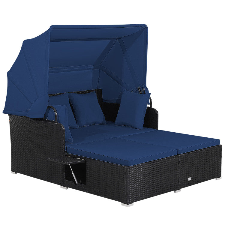 Patio Rattan Daybed with Retractable Canopy & Fold-Out Side Tables