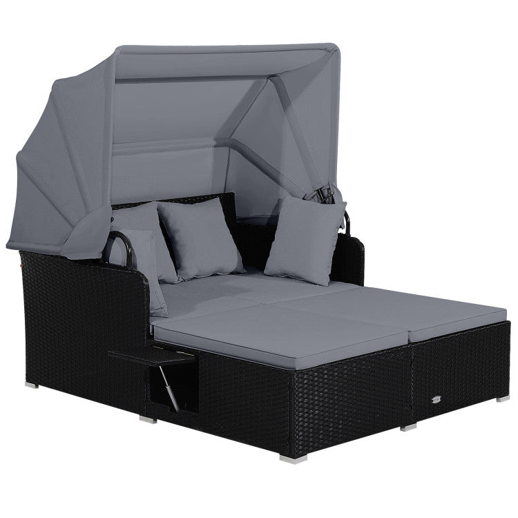 Patio Rattan Daybed with Retractable Canopy & Fold-Out Side Tables