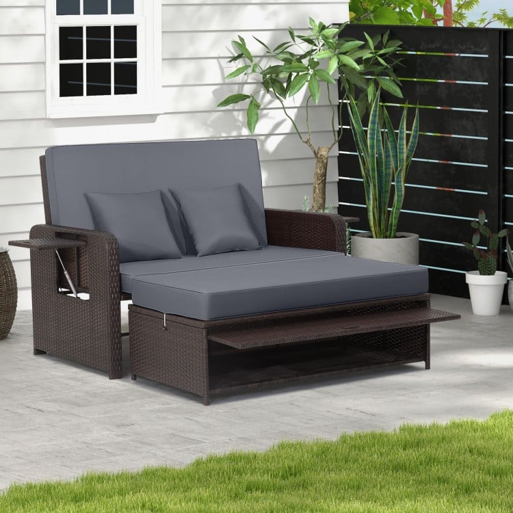 Patio Rattan Daybed with 4-Level Adjustable Backrest and Retractable Side Tray-Gray