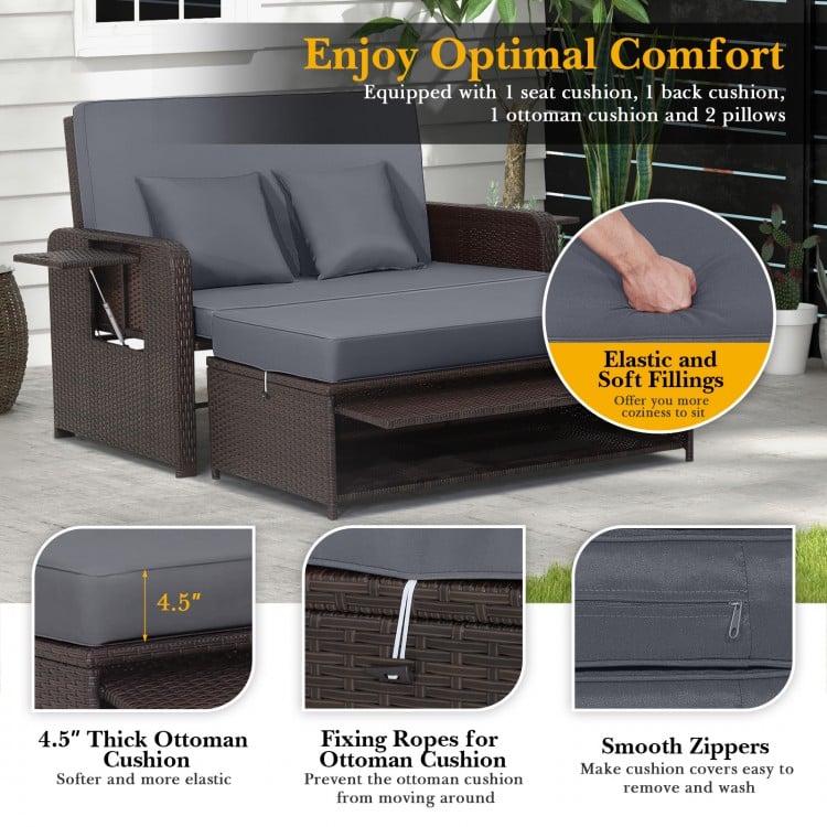 Patio Rattan Daybed with 4-Level Adjustable Backrest and Retractable Side Tray-Gray