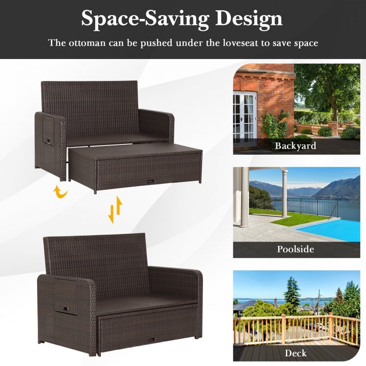 Patio Rattan Daybed with 4-Level Adjustable Backrest and Retractable Side Tray-Gray