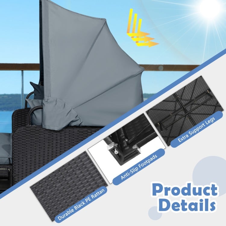 Patio Rattan Daybed with Retractable Canopy and Side Tables-Gray