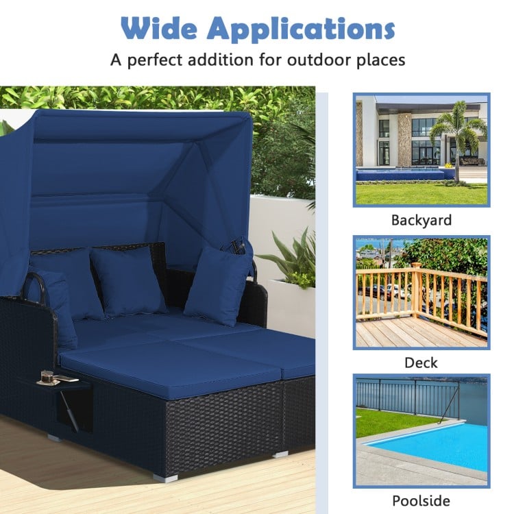Patio Rattan Daybed with Retractable Canopy and Side Tables-Navy