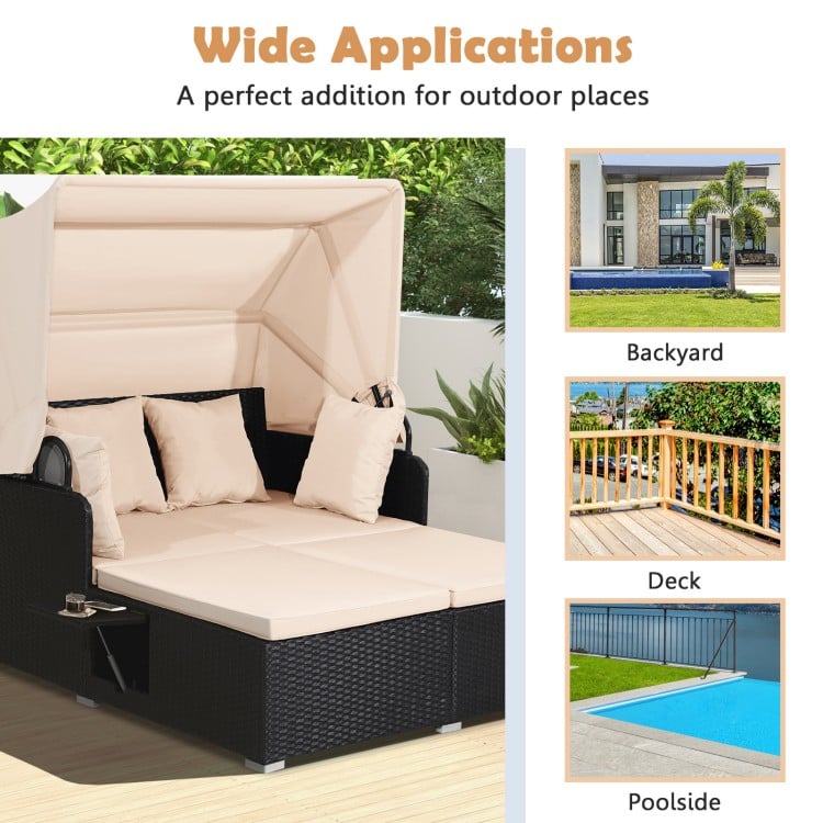 Patio Rattan Daybed with Retractable Canopy and Side Tables-Beige