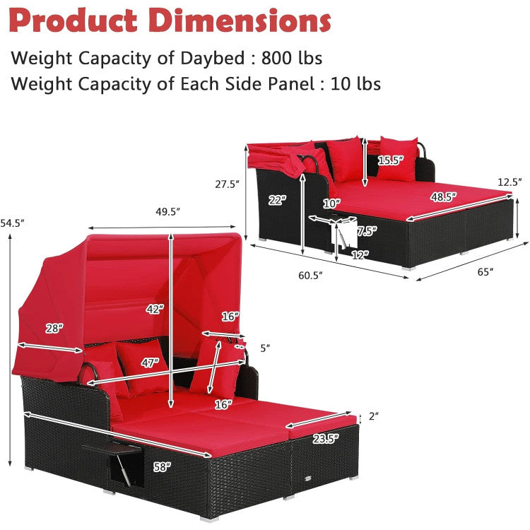 Patio Rattan Daybed with Retractable Canopy & Fold-Out Side Tables