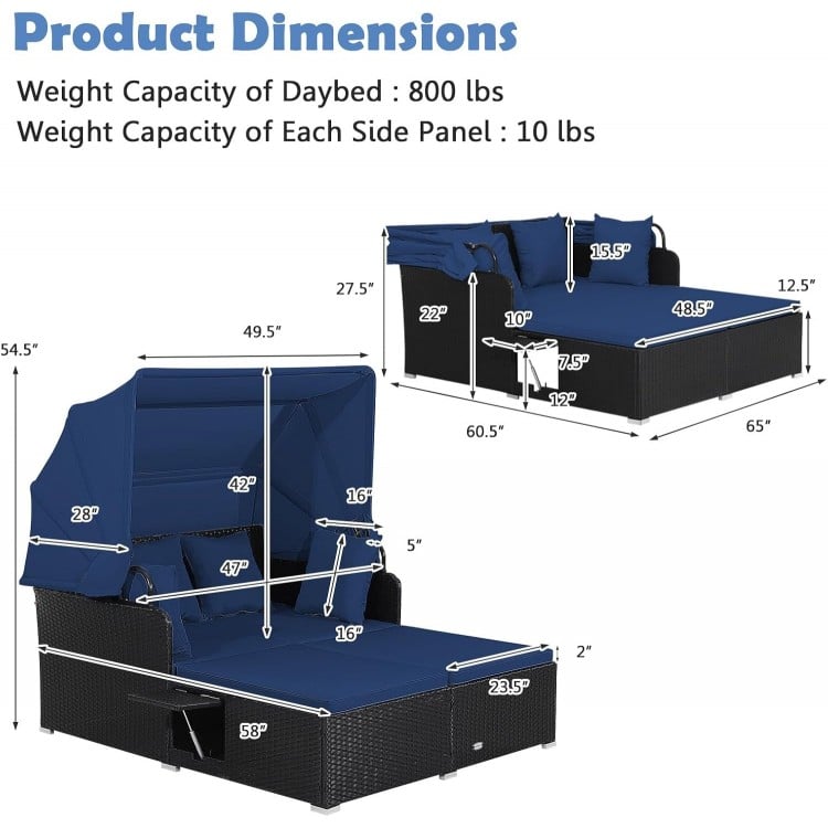 Patio Rattan Daybed with Retractable Canopy and Side Tables-Navy
