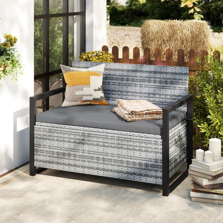Patio Storage Bench Outdoor Wicker Loveseat with Built-in Storage-Gray