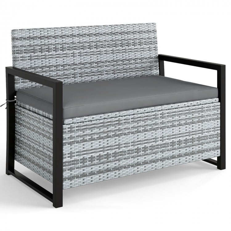 Patio Storage Bench Outdoor Wicker Loveseat with Built-in Storage-Gray