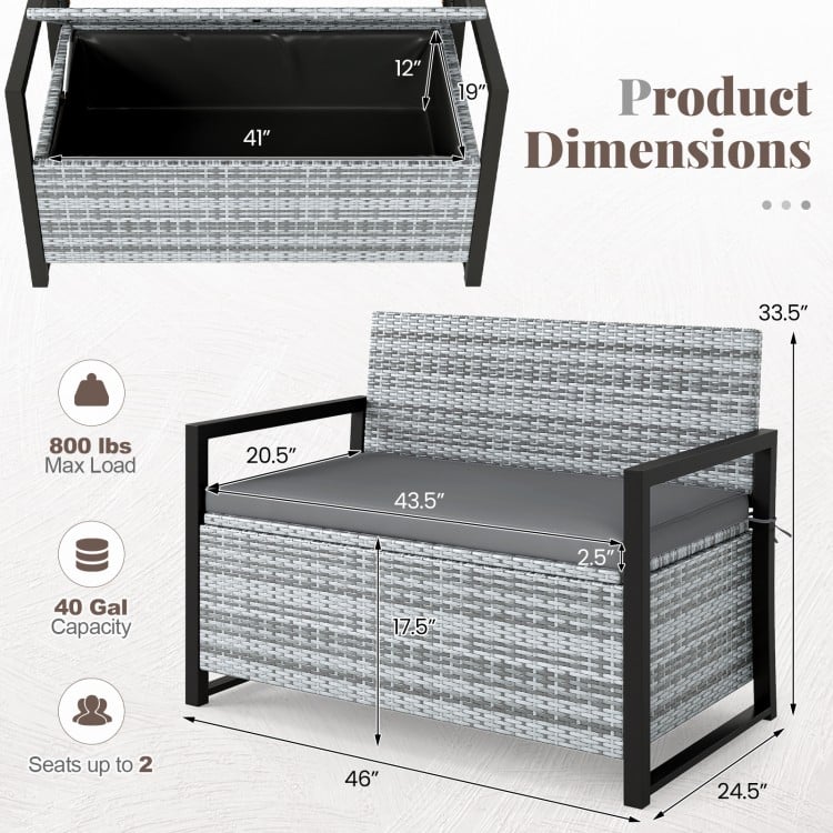 Patio Storage Bench Outdoor Wicker Loveseat with Built-in Storage-Gray