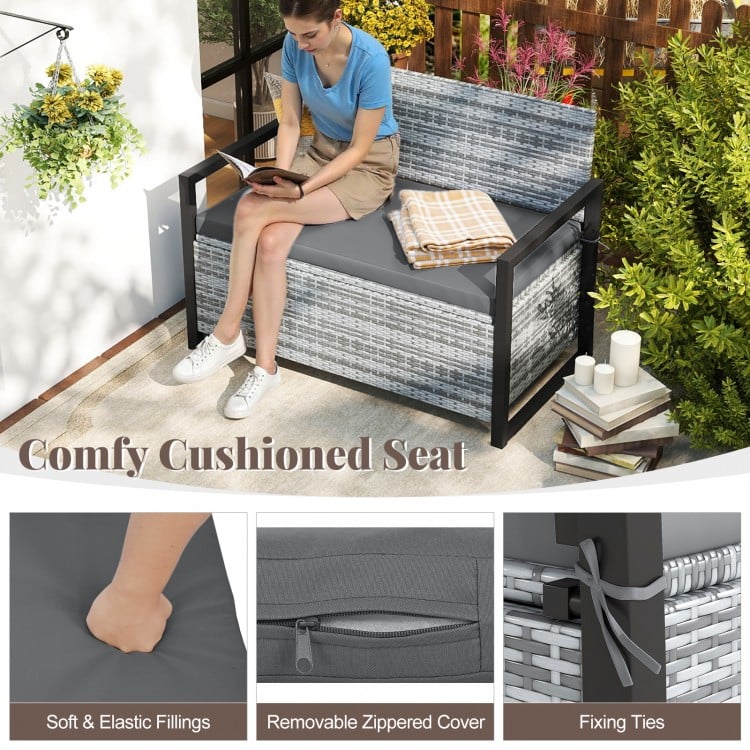 Patio Storage Bench Outdoor Wicker Loveseat with Built-in Storage-Gray