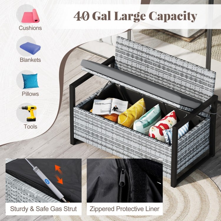 Patio Storage Bench Outdoor Wicker Loveseat with Built-in Storage-Gray