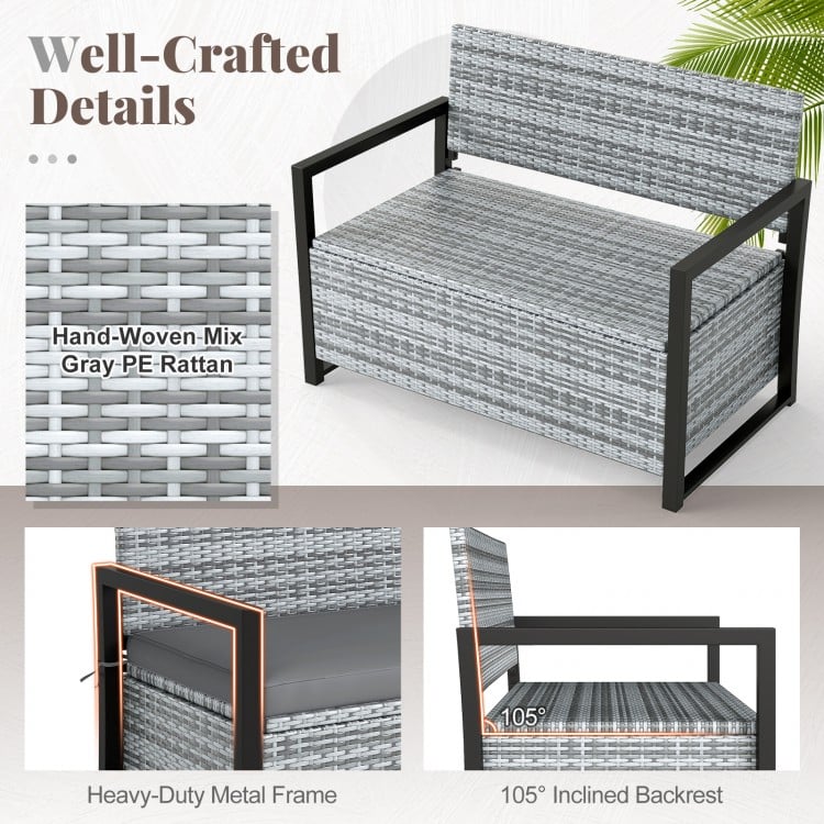 Patio Storage Bench Outdoor Wicker Loveseat with Built-in Storage-Gray