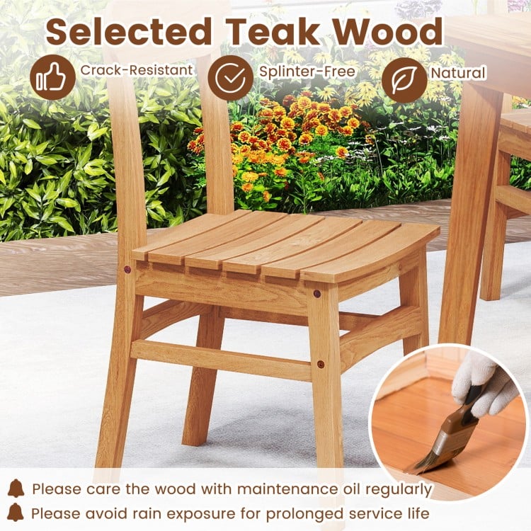 Patio Teak Wood Chair Armless Dining Chair with Slatted Seat