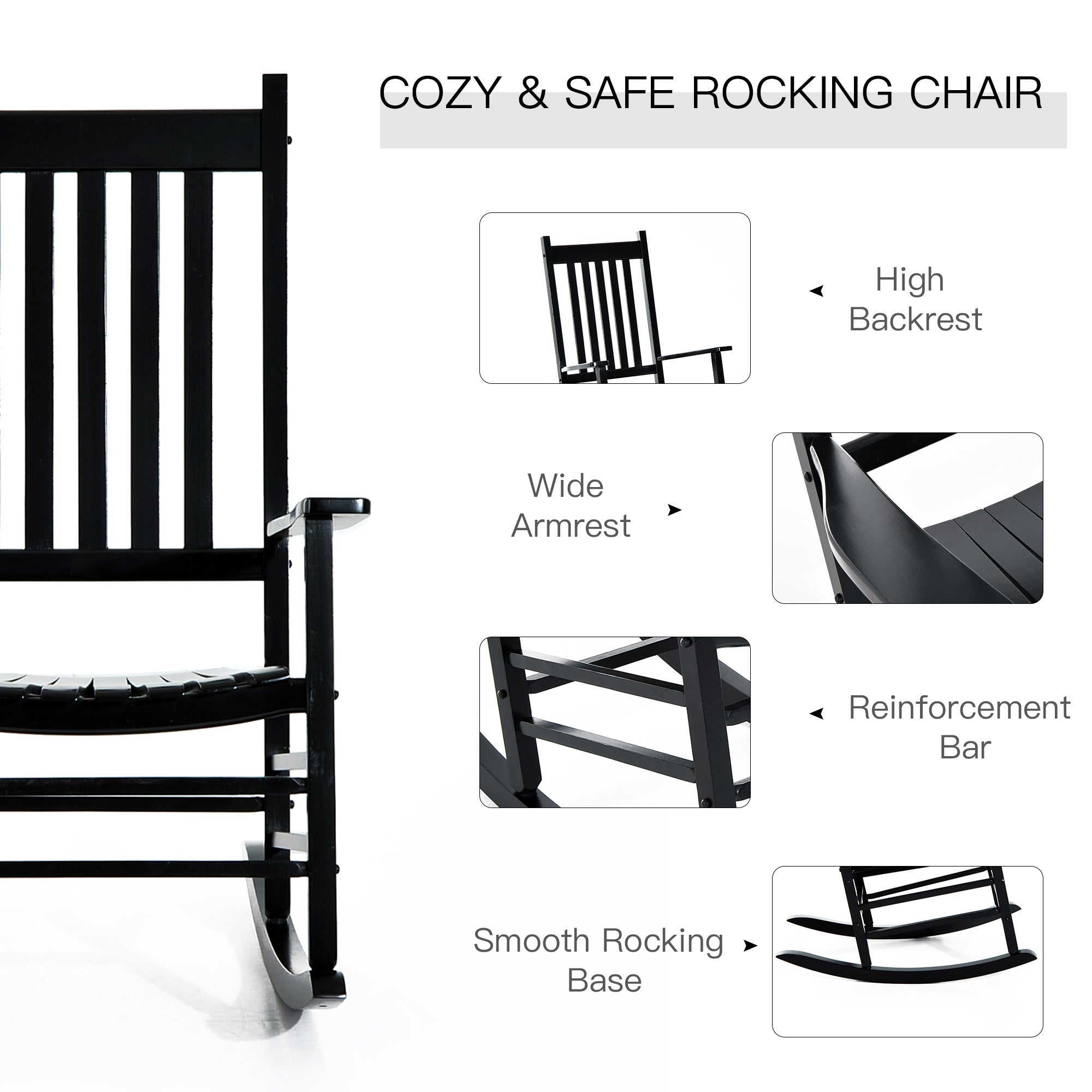 Outsunny Porch Rocking Chair High Back Wooden Outdoor Patio Rocker Black Comfort 