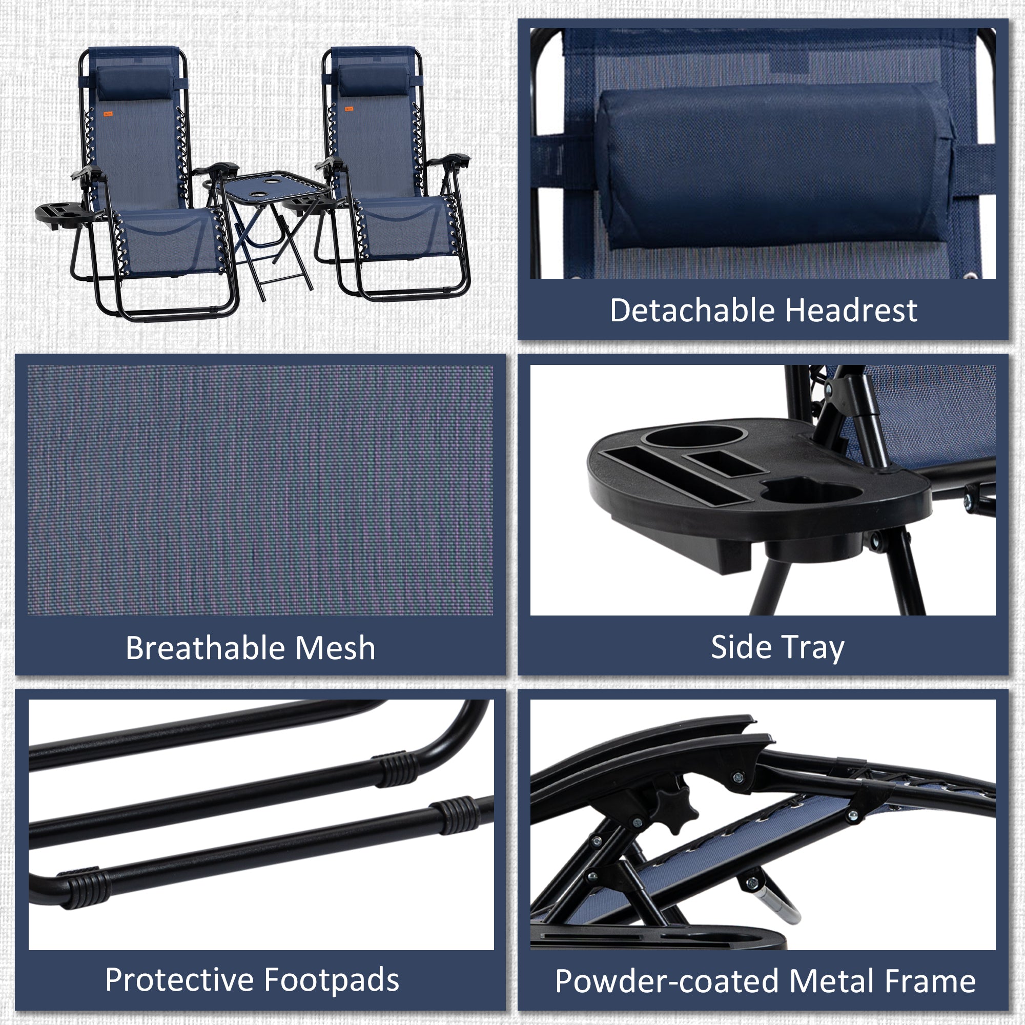 Outsunny Zero Gravity Chair Set of 2 Patio Chair with Side Table Cupholders and Pillows for Pool, Backyard, Lawn, Beach, Blue 