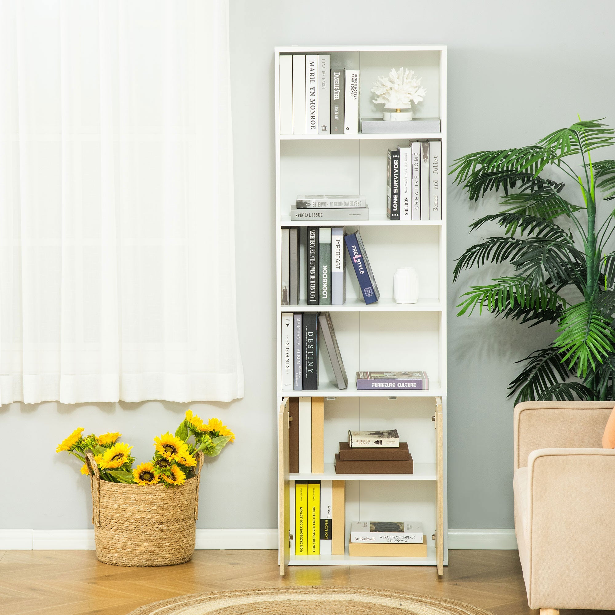 HOMCOM 4-Tier Bookcase: Oak Finish Storage Cabinet with Doors for Home Office/Living Room 