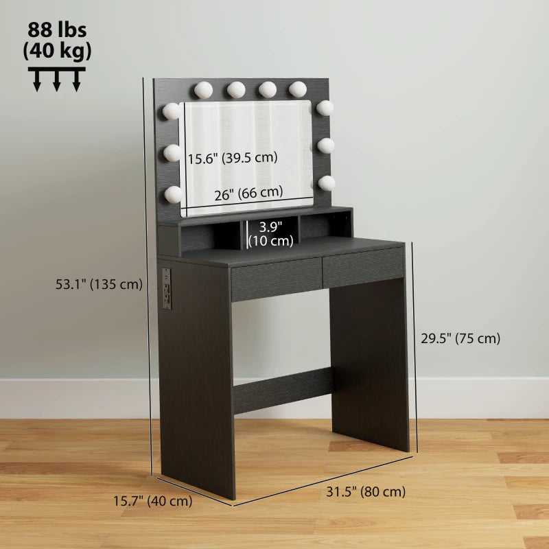Vanity Table, Makeup Dressing Table with LED Lighting Mirror, Charging Station and Drawers for Bedroom, Black
