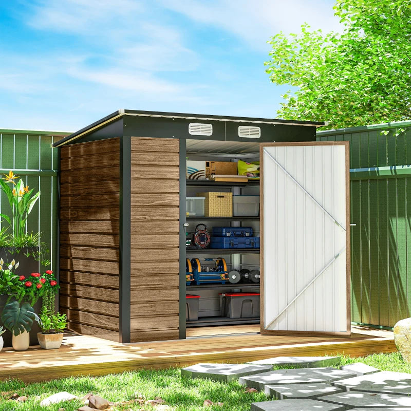 6' x 4' Galvanized Garden Storage Shed, Metal Outdoor Shed with Double Doors and 2 Vents, Teak