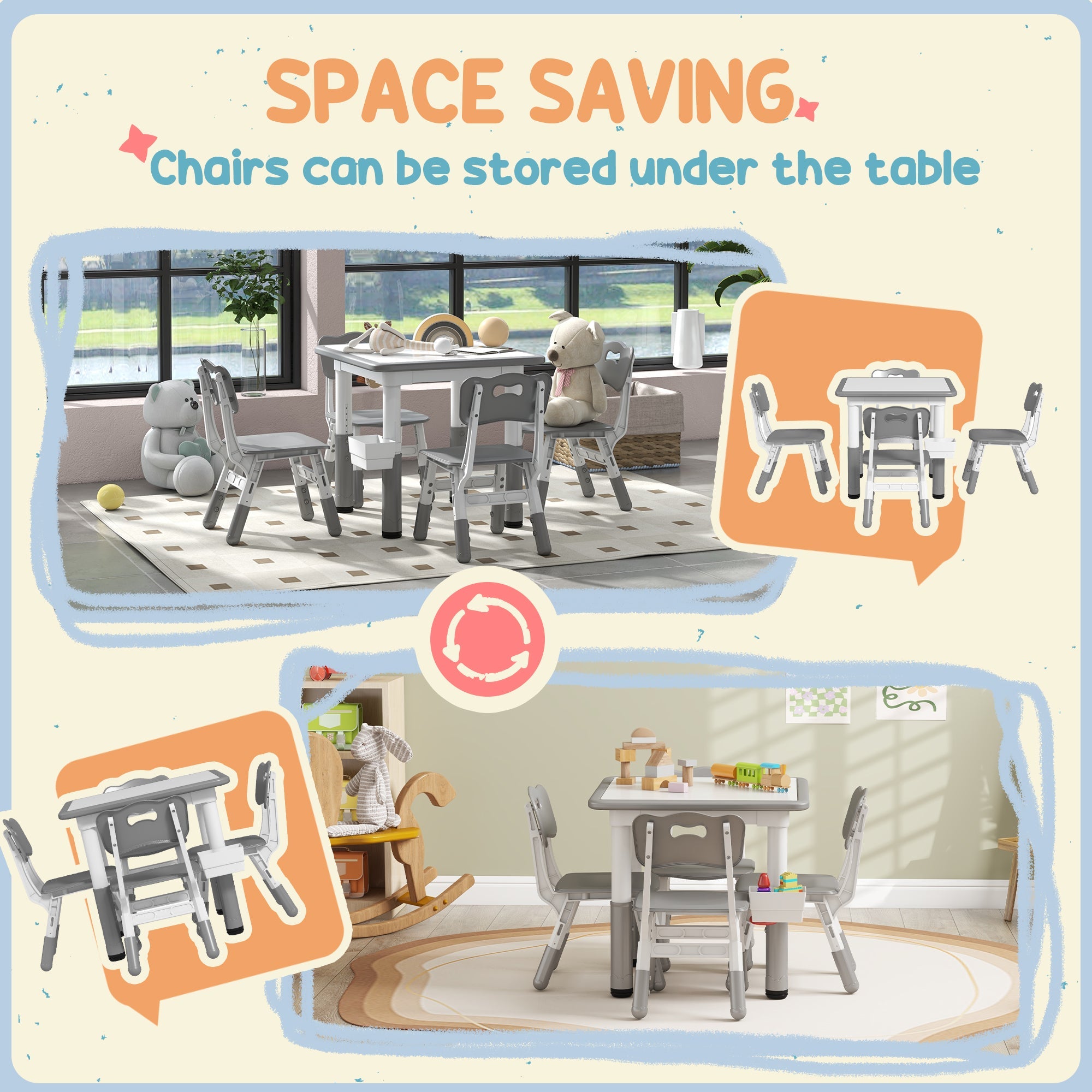 Qaba 5 Piece Toddler Table Chair Set Height Adjustable Activity Set Nursery Classroom Playroom Furniture Grey 