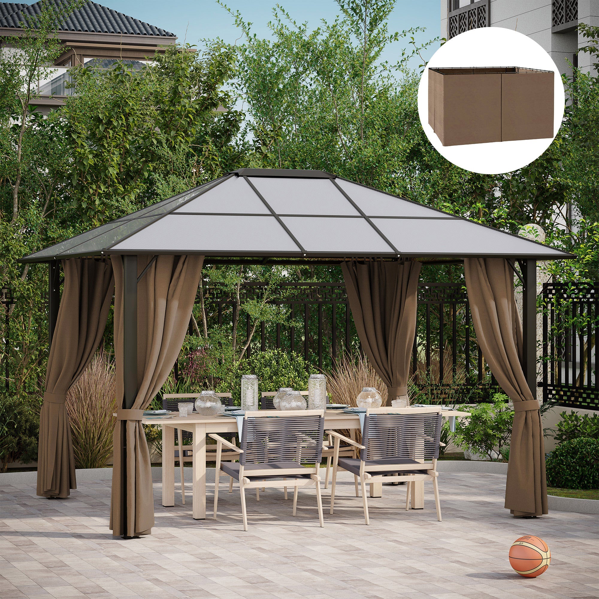 Outsunny Gazebo Curtain 10'x12' Sidewall Set 4 Panels with Hooks Brown for Outdoor Shelter 