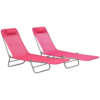 Outsunny Set of 2 Folding Chaise Lounge Chairs, Outdoor Poolside Sun Tanning Chairs w/ Pillow, Reclining Backrest, Pink 