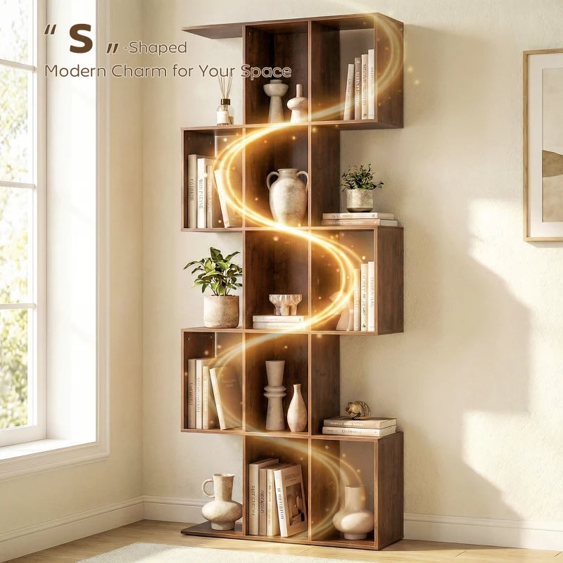 5-Tier Bookshelf, S Shaped Geometric Bookcase with 15 Compartments, Black Wood Grain