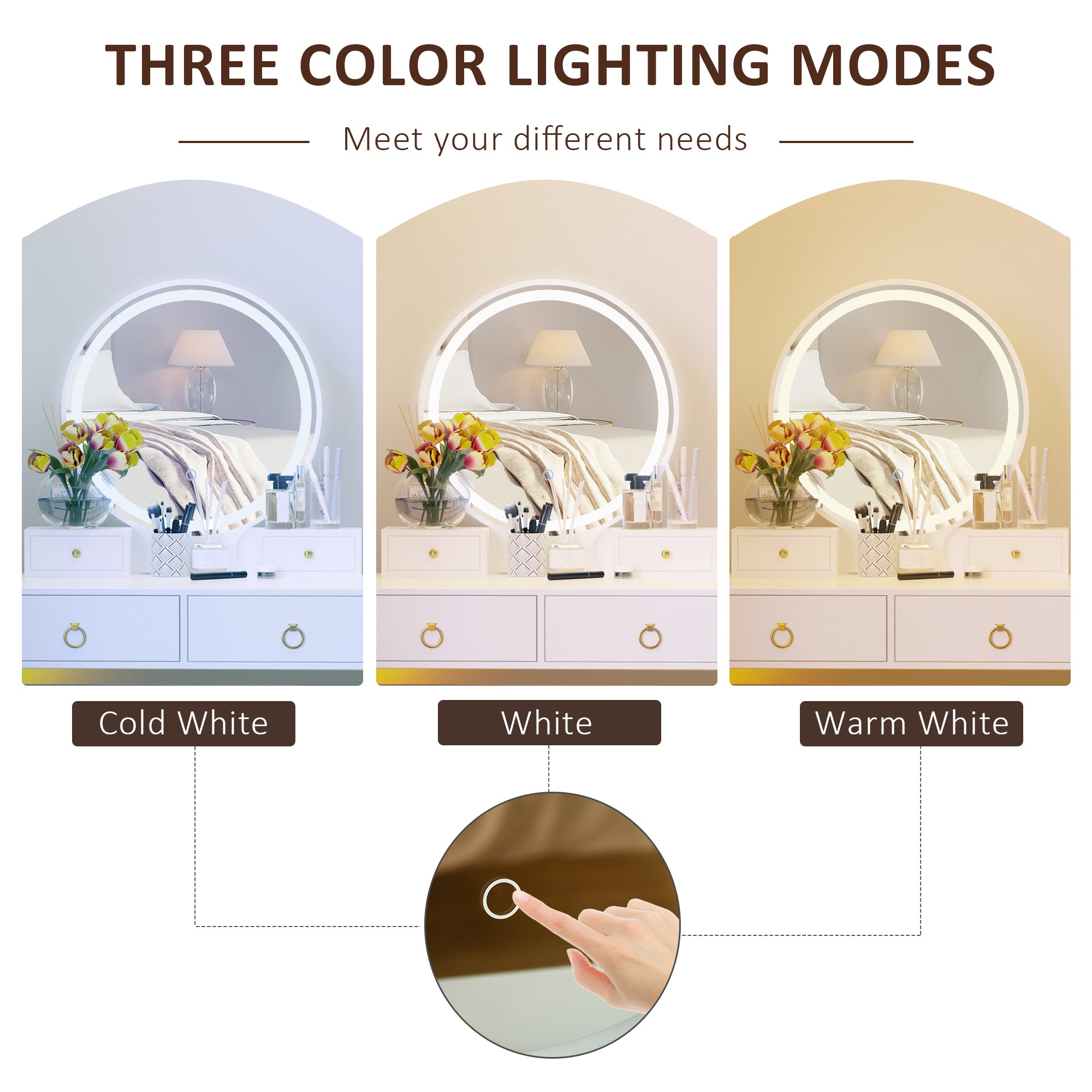HOMCOM Elegant Makeup Vanity Set with Round Mirror 3-Color LED Light 4 Drawers Cushioned Stool White for Bedroom Decor 