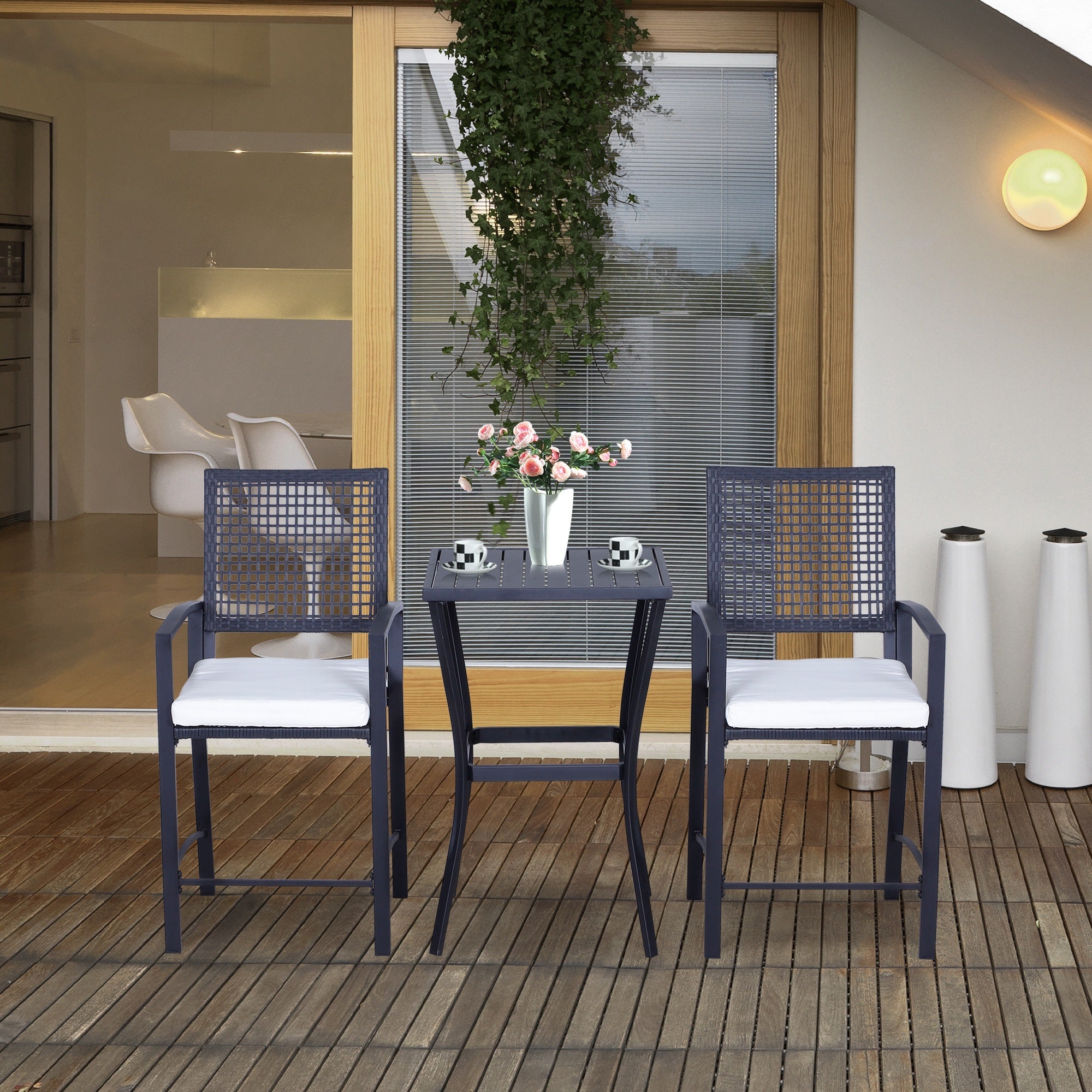 Outsunny Outdoor Wicker Bar Set 3PC Classic Bistro Bar Set Garden Rattan Style Patio Bar Table High Chairs Cream White 