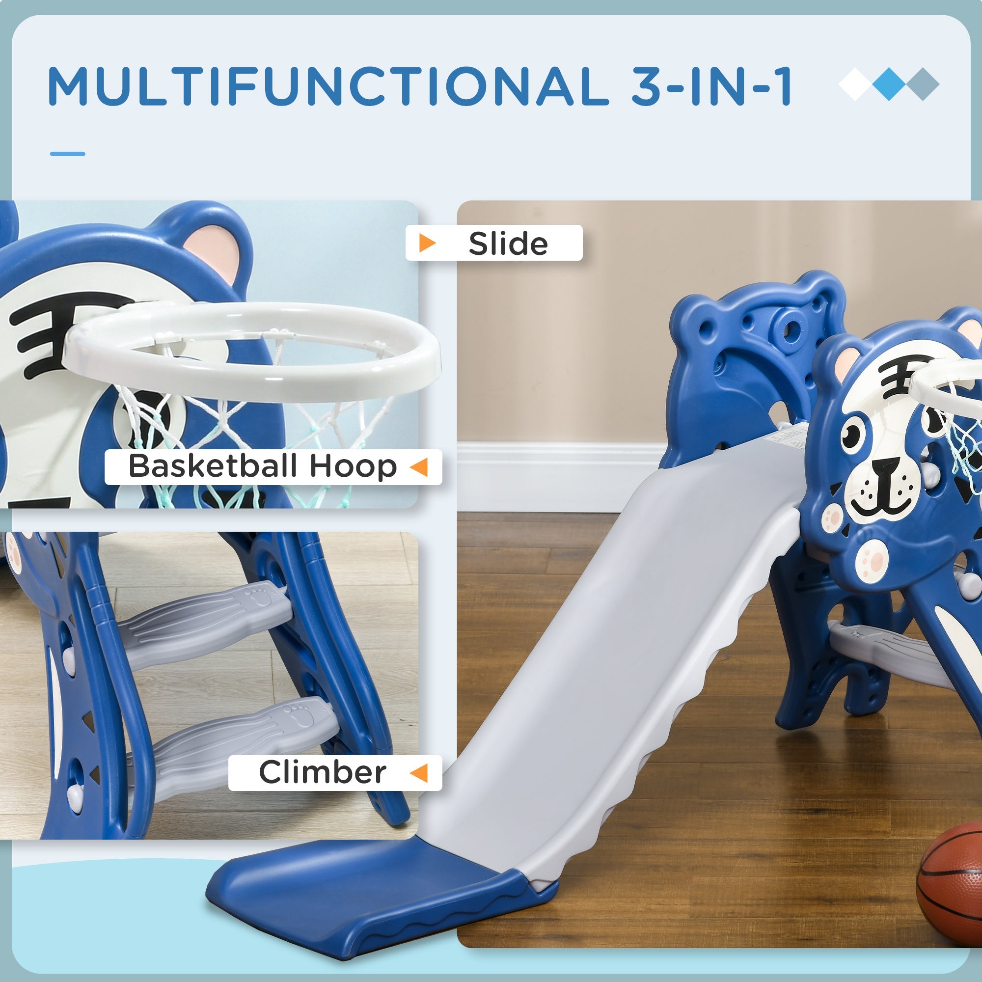 Qaba Kids Slide with Basketball Hoop Indoor Baby Slide Easy Setup for Toddlers 18-36 Months Blue 