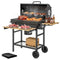 Charcoal BBQ Grill with Foldable Shelves, Barbecue Grill with Warming Rack, Thermometer, Wheels, Natural Wood and Black