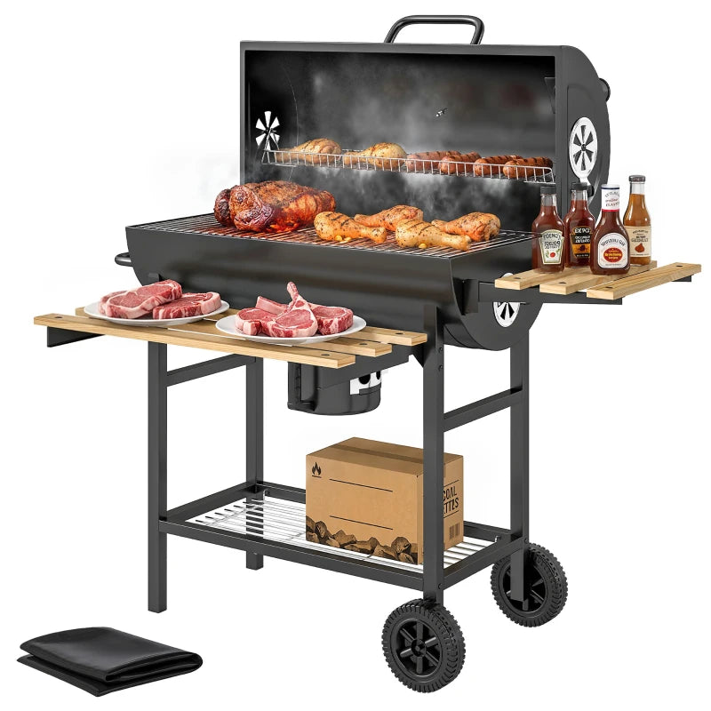 Charcoal BBQ Grill with Foldable Shelves, Barbecue Grill with Warming Rack, Thermometer, Wheels, Natural Wood and Black
